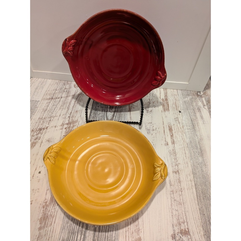 Sur La Table Italy Ceramic Serving Bowls Set of 2 Red Mustard Leaf Handles 9.5"